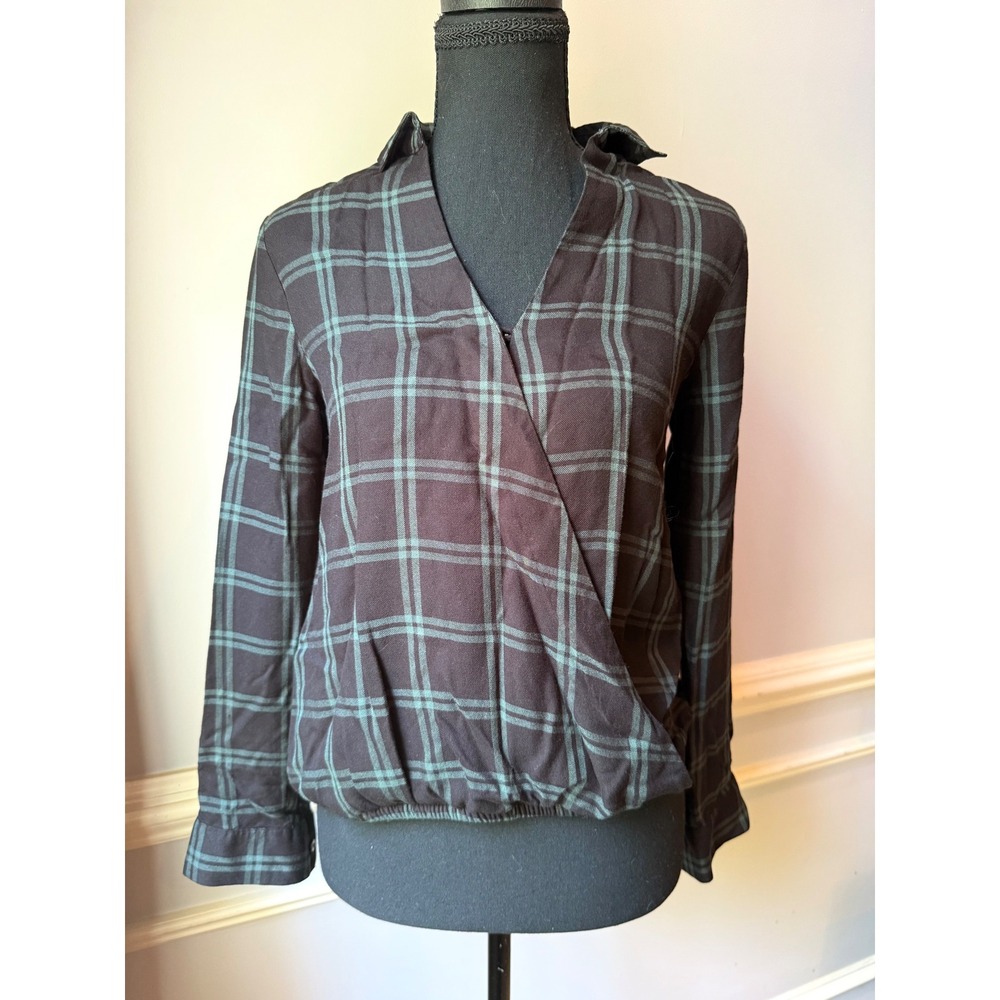 Madewell Plaid Wrap Front Blouse XS Black Green Long Sleeve Surplice Top‎